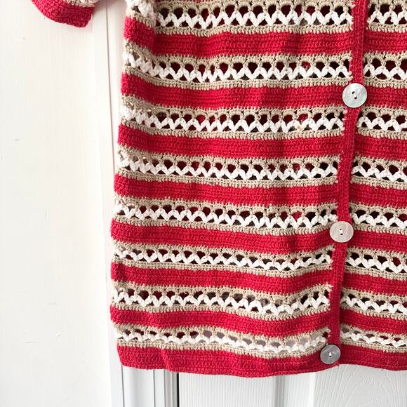 Catherine Stewart Belle Pointe Red Beige Stripe Open Hand Knit Vintage Cardigan - Picture 8 of 9